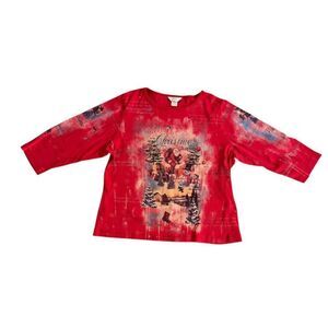 Christopher & Banks Christmas Shirt Women 1X Vtg Santa Snowman 3/4 Sleeve Red